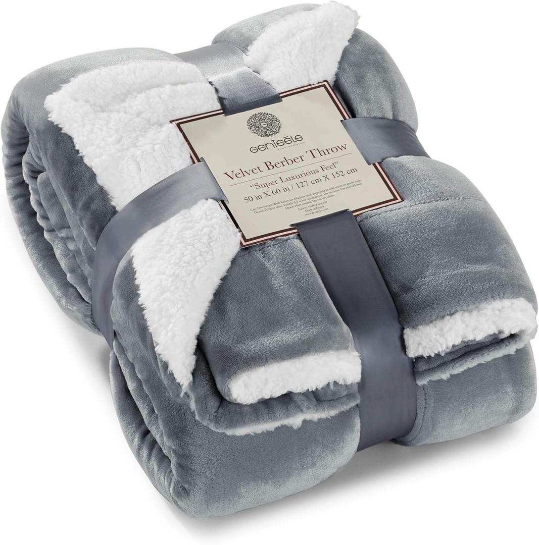 Genteele Sherpa Throw Blanket Super Soft Reversible Ultra Luxurious Plush Blanket, 50 x 60 inches, Gray/White