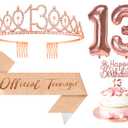 Papoopy 5Pcs Birthday Decorations with Crown Tiara, Sash, Cake Topper, Candle and Number Balloon for Gifts, 13th Birthday Gifts for Her