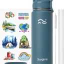 [2-IN-1 LID] Insulated Water Bottle with Silicone Boot (36hrs Cold/18hrs Hot) - DIY Stickers, Leakproof, BPA Free, 24 oz (Cyan)