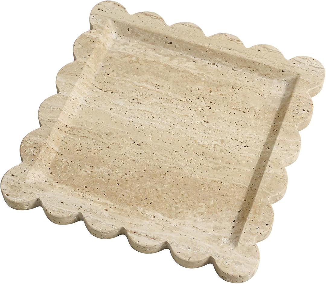 Natural 100% Travertine Vanity Tray Luxury Scalloped Marble Tray, Italian Travertine Tray for Home Decor Bathroom Kitchen Candle Key (Square-9.8 * 9.8-Beige Travertine)