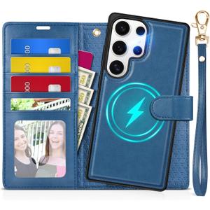 TUCCH Case Wallet for Galaxy S25 Ultra, Removable [Wireless Charging] Wrist Strap PU Leather Magnetic Stand RFID Blocking 4 Card Slots Detachable Protective Folio for Galaxy S25 Ultra 6.9", Light Blue