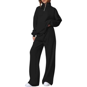 PRETTYGARDEN Womens Casual Two Piece Sets Fall 2026 Outfits Quarter Zip Sweatshirts Straight Leg Pants Sweatsuits Tracksuit (Small, Black)