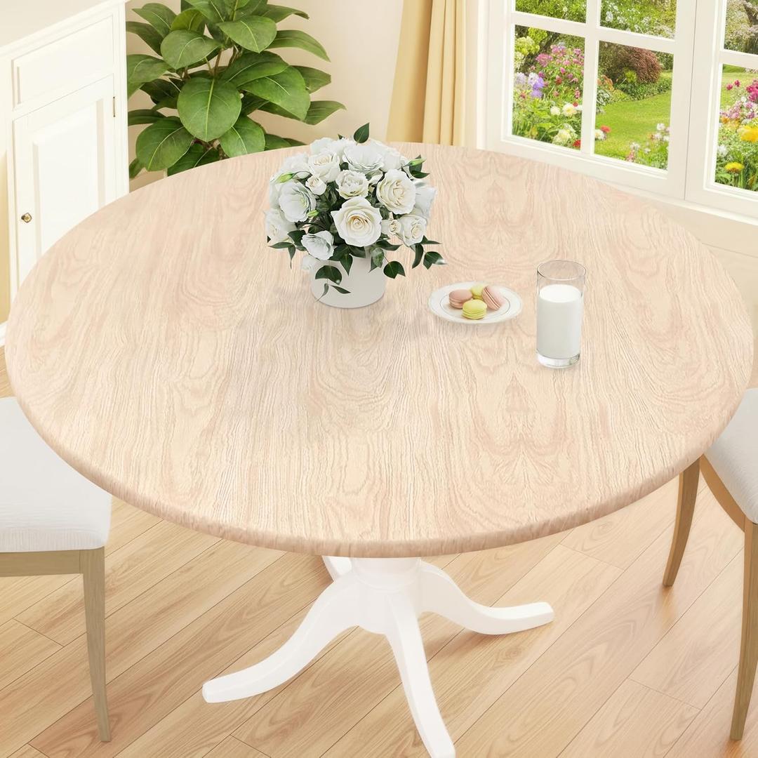 Smiry Round Picnic Tablecloth, Waterproof Elastic Fitted Table Covers for 45" - 56" Tables, Wipeable Flannel Backed Vinyl Tablecloths for Camping, Indoor, Outdoor, Beige