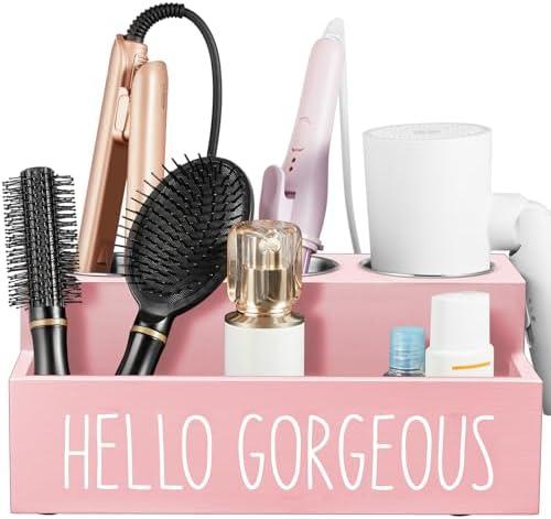 Bivvclaz Hair Tool Organizer, Wooden Hair Dryer Holder Countertop, Wall Mount Hot Tools Organizer for Hair Styling Accessories, Bathroom Supplies Vanity Caddy for Curling Wand, Blow Dryer, Pink