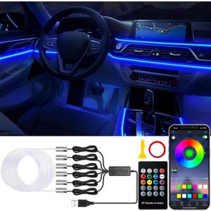 Jushope Car LED Lights, Interior Car Lights with Wireless APP/RF Remote/Button Control, Car Ambient Lighting Kit with 315" Integrated Molding Fiber Optic RGB Sync to Music (6 in 1-USB)
