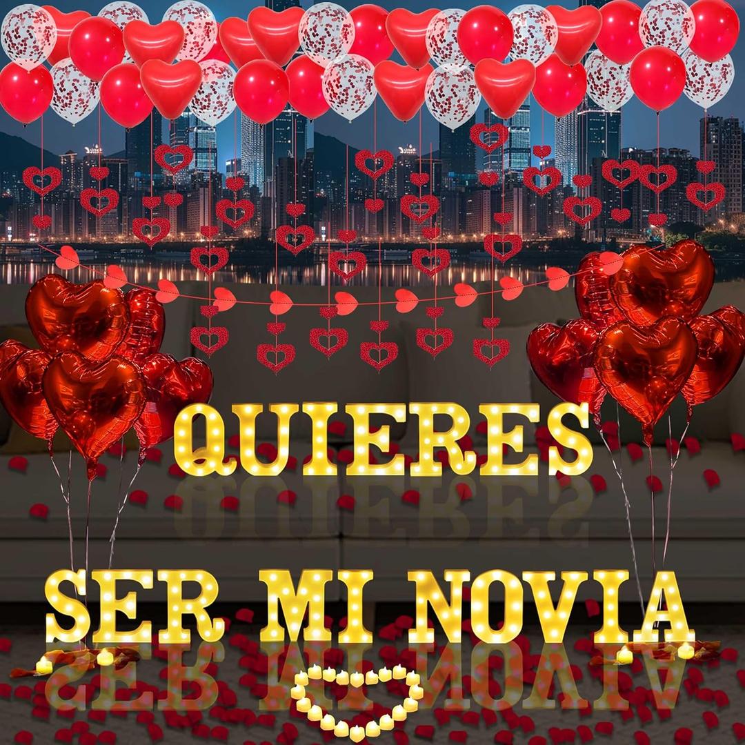 Quieres Ser Mi Novia Light Up Letters Proposal Decorations, 17Pcs 6.3" Letter Signs, 24Pcs Flameless Candles 2000Pcs Red Artificial Rose Petals 45Pcs Latex Balloons 10Pcs Heart Balloon Valentine's Day