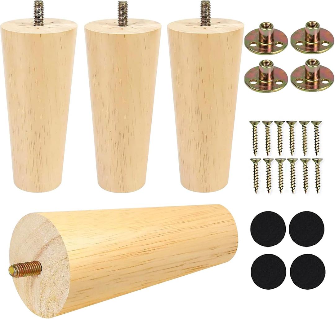 Yaliuliu 8 Inches Furniture Legs Round Solid Wood Sofa Legs Replacement Legs for Cabinet Vanity Couch Chair Dresser Pack of 4