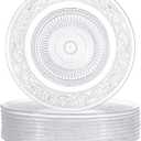 10 Pcs 9.8 Inch Acrylic Crystal Dinner Plates, Clear Round Plastic Serving Platter Trays Vintage Dragon and Phoenix Embossed Dinnerware for Serving Food Salad Pasta Fruit Home Party Wedding