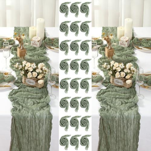 Windkream 15 Cheesecloth Table Runners and 48 Napkins Set, 10Ft Boho Cheese Cloth Table Runners 20 x 20 Inch Rustic Wrinkled Gauze Napkins for Wedding Birthday Baby Shower (Sage Green)