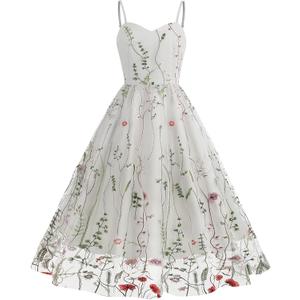 Women Keyhole Floral Embroidery Dress Sheer Mesh Illusion Vintage Cocktail Swing Dress Wedding Party Prom Tulle Evening Dress (Small, White-cami)