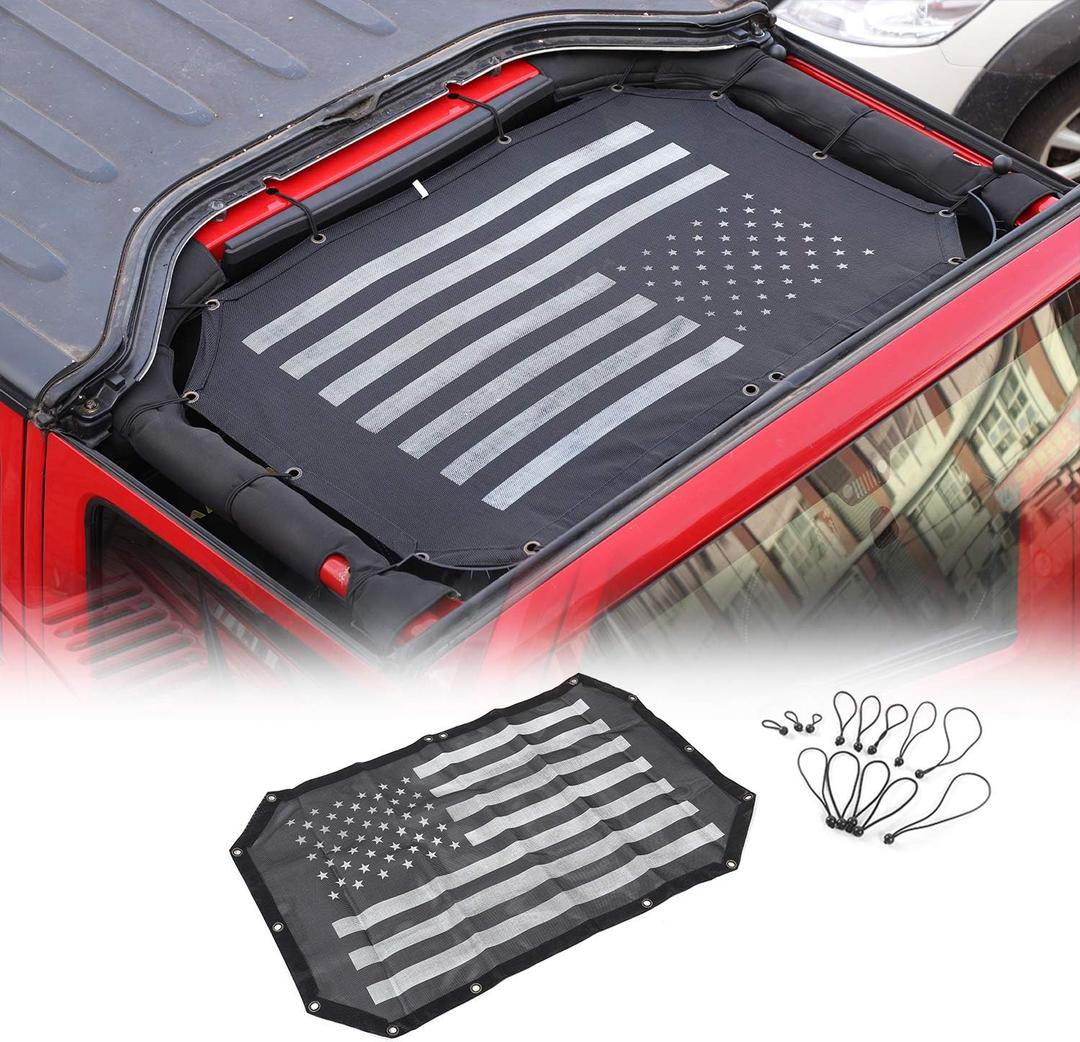 JeCar Mesh Sunshade 2 Door Durable Polyester Top Cover Provides UV Sun Protection for Jeep Wrangler JK & Unlimited 2007-2018 (Black and White American Flag)