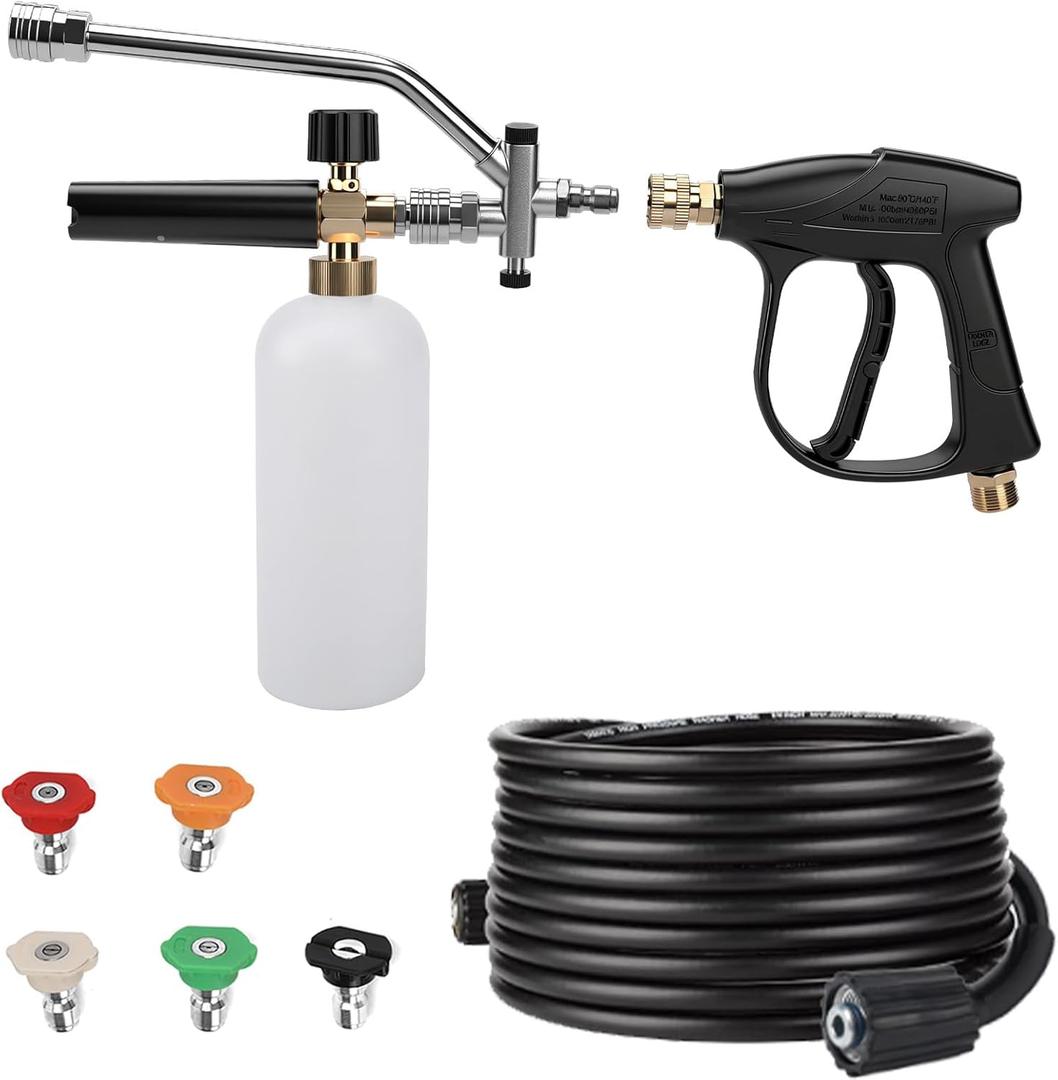 Pressure Washer Gun with Foam Cannon & 26ft Power Washer Hose, 5800 PSI Car Wash Kit with 5 Nozzle Tips, 1/4" Quick Connector & M22 14mm Fittings