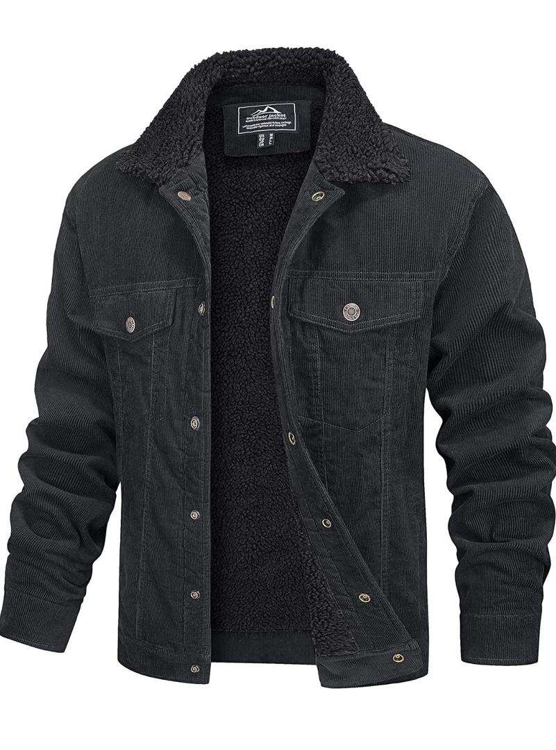 MAGCOMSEN Winter Jackets for Men Corduroy Jacket Men Sherpa Lined Fleece Warm Cargo Casual Coat with 5 Pockets Size XL Black