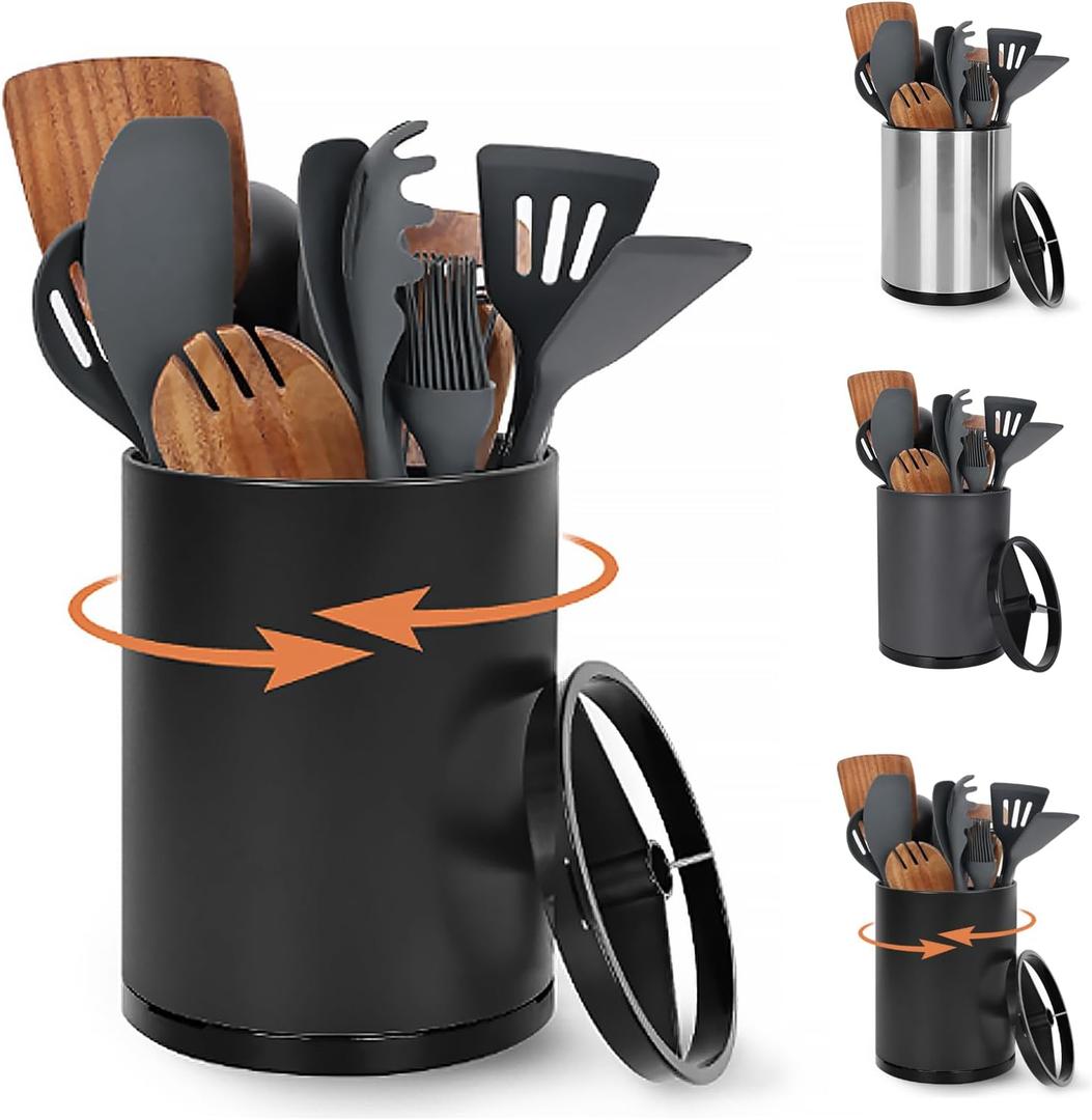 Nigelia Extra Large Kitchen Utensil Holder, 360 Rotating Stainless Steel Cooking Utensil Holder for Countertop, 3 Compartment Flatware Organizer & Cooking Caddy with Removable Base,Black