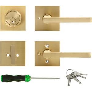 Cielsa Dawn Gold Heavy Duty Privacy Lever Door Handle and Single Cylinder Deadbolt Lock and Key Combo Pack - Locking Lever Set for Left or Right-Handed Doors - Exterior Door Levers - Satin Brass