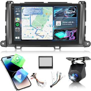 [4+128G] Upgrade Radio for Toyota Sienna 2010-2014, 9 inch Android IPS Incell Touchscreen Stereo - Wireless Carplay and Android Auto, 5G/WiFi, GPS, Custom Homepage, BT 5.0 + Backup Camera + Canbus