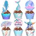 48PCS Mermaid Themed Birthday Party Decorations | 24PCS Cupcake Toppers & 24PCS Cupcake Wrappers Party Favors Supplies Tail Under The Sea Centerpiece Table Gifts for Boys Girls Carnival Prizes