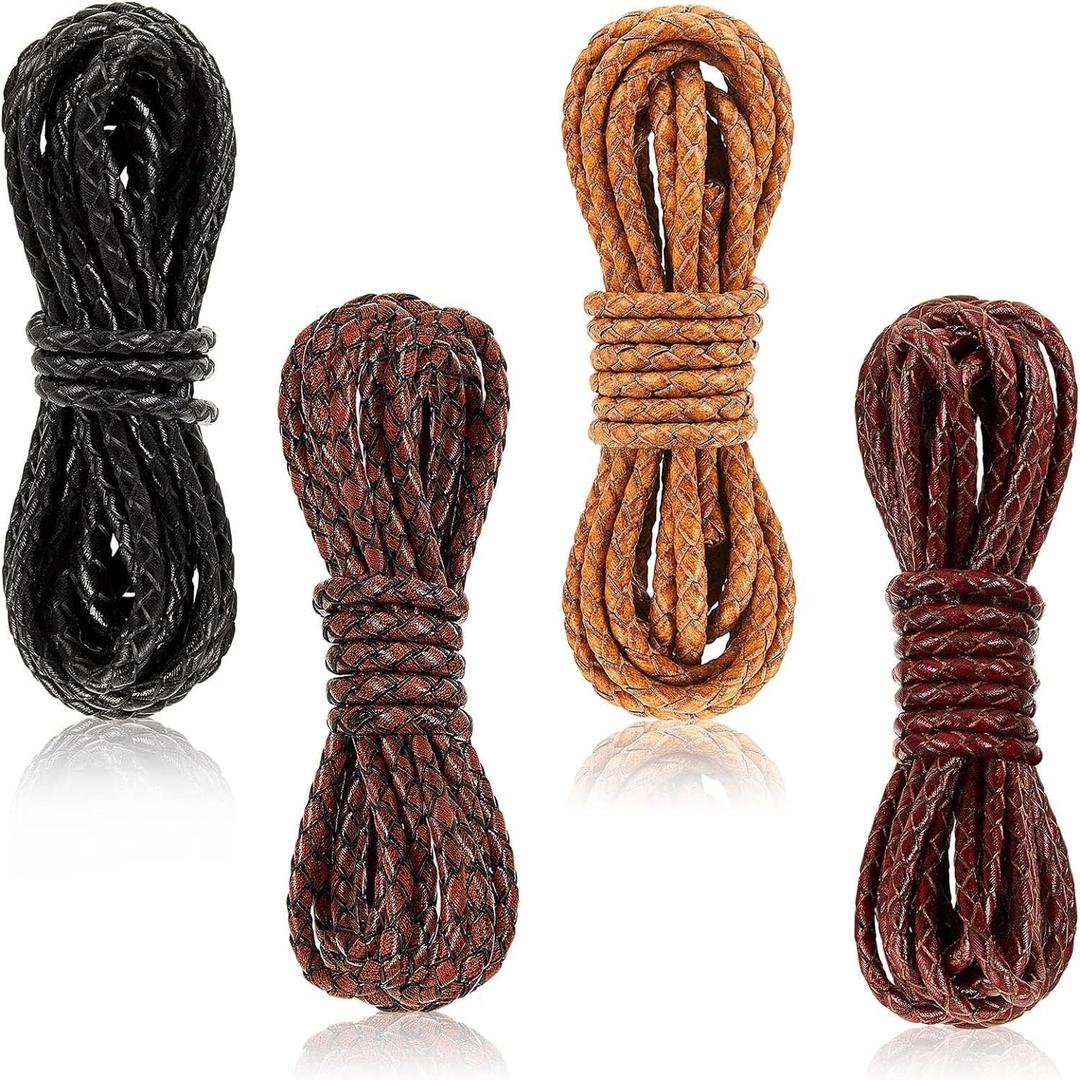 Saintrygo 8yd Braided Leather Cord Antique Genuine Leather Strap Folded Bolo Tie Cord Rope Lace for Necklace Bracelet Pendent Jewelry Making Beading Braiding (Black, Brown,tan, Reddish Brown,5 mm)