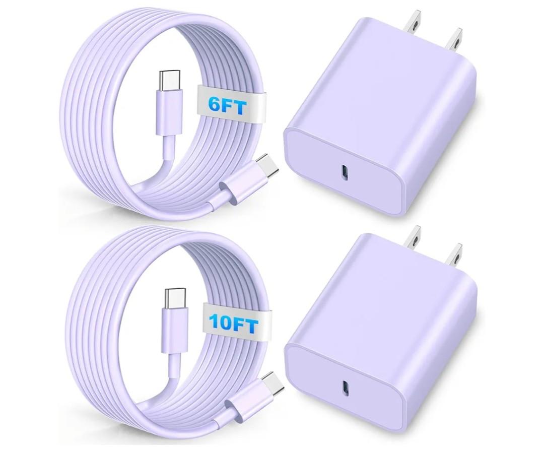 Compatible with Phone 16 15 17 Charger, 20W Fast Charging Wall Charger Block Cubes with 6/10Ft USB C to USB C Cable Compatible with Phone 15/16/17 Plus/Pro Max/Pad Pro Purple, 2Pack