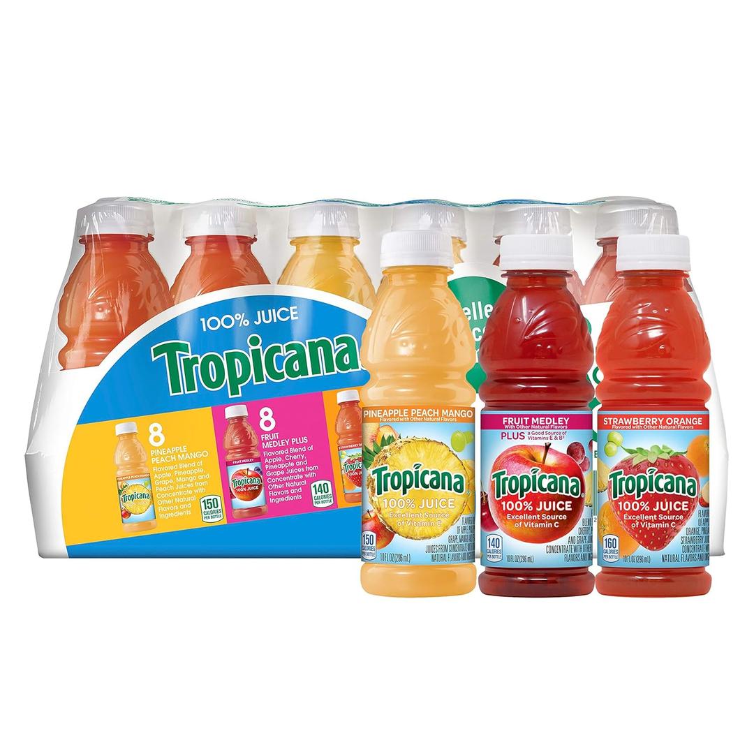 Tropicana 100% Juice 3-Flavor Fruit Blend Variety Pack, 10 Fl Oz, Bottles, (Pack of 24), 10 ounces (EXP 05/08/26)