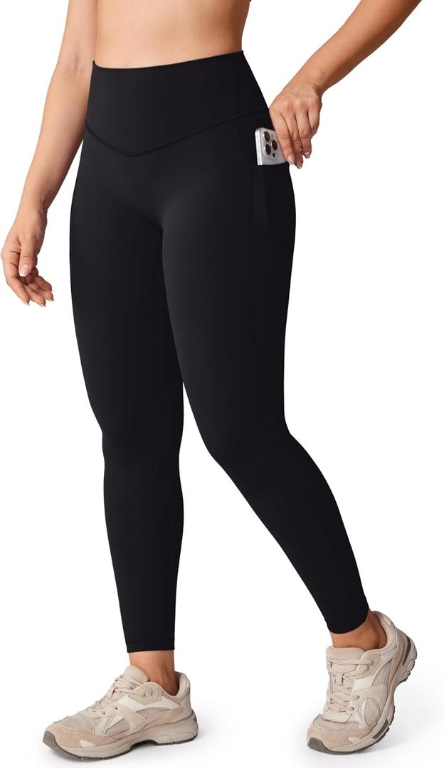 UNISSU Hugcurve No Front Seam High Waisted Workout Leggings with Pockets for Women Buttery Soft Yoga Pants Gym Tights - 25'' (Black, XL)