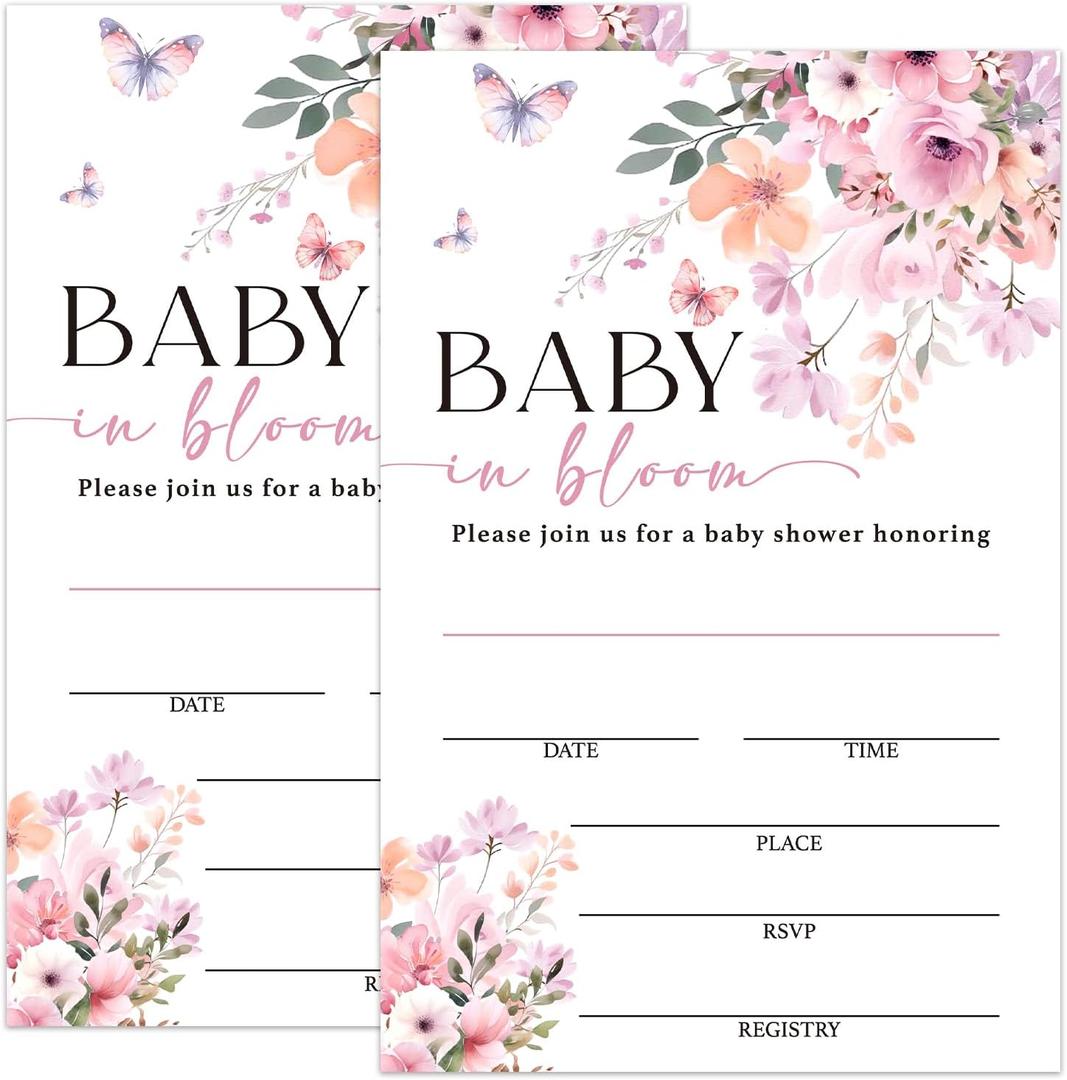 Floral Baby Shower Invites, Baby in Bloom Gender Reveal Invitations for Girls, 25 Invitations with Envelopes, Gender Reveal Party Favor Decorations Supplies -016