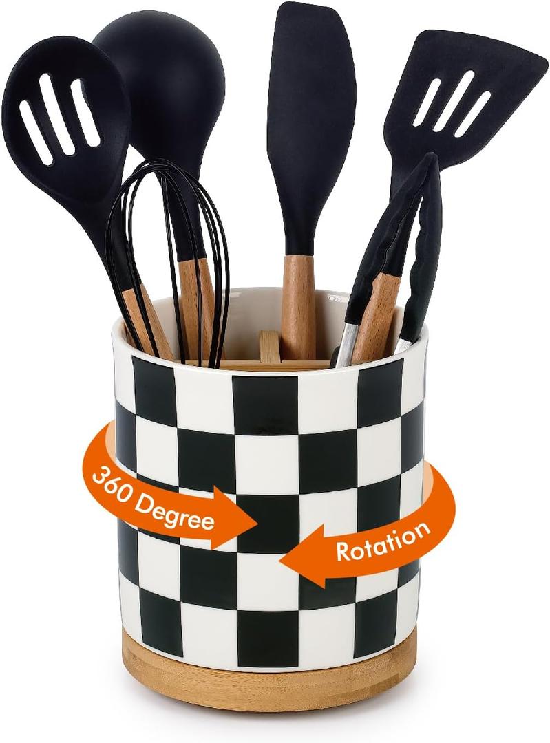 LoeJan 3 Compartment Utensil Holder, Extra Large Utensil Crock, Stable Ceramic Utensil Organizer, Cooking Tool Organizer Set for Kitchen Counter Farmhouse Decor (Black(Square)) (7.2 inch)