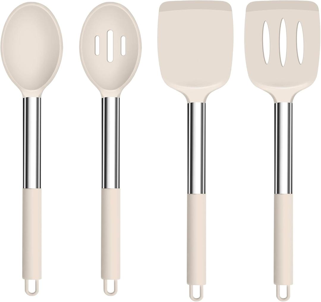 TeamFar Kitchen Utensils, 4 PCS Silicone Cooking Utensils Spatula Spoon Set with Stainless Steel Handle, for Frying Mixing Draining Turning, Healthy & Heat-proof, Non-stick & Dishwasher Safe - Khaki