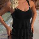 ROSEWE Womens Ruffle Tier Tankini Swimsuits, 2 Piece Set Swimwear, Bathing Suits with Mid Waisted Briefs (Black, XL)