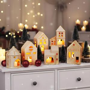 AceOrbit Ceramic Christmas Village Houses Porcelain Christmas Village Sets Matt Ceramic LED Lighted Xmas Town Houses Accessories Holiday Farmhouse Vintage Rustic Decor for Tabletop Mantle