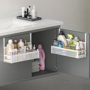 Hanging Bathroom Baskets Fine Mesh Wire Storage Basket Over Cabinet Door Organizer No Drilling Required for Kitchen Bathroom Office, Large, 2 Pack (White)