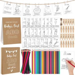 Kraft Paper First ABC Book Baby Shower Activity Keepsake for Adult Baby Shower ABC Coloring Guest Book Alternative 26 Alphabet a to Z Coloring Card with 24 Pencils 60 Clothespins