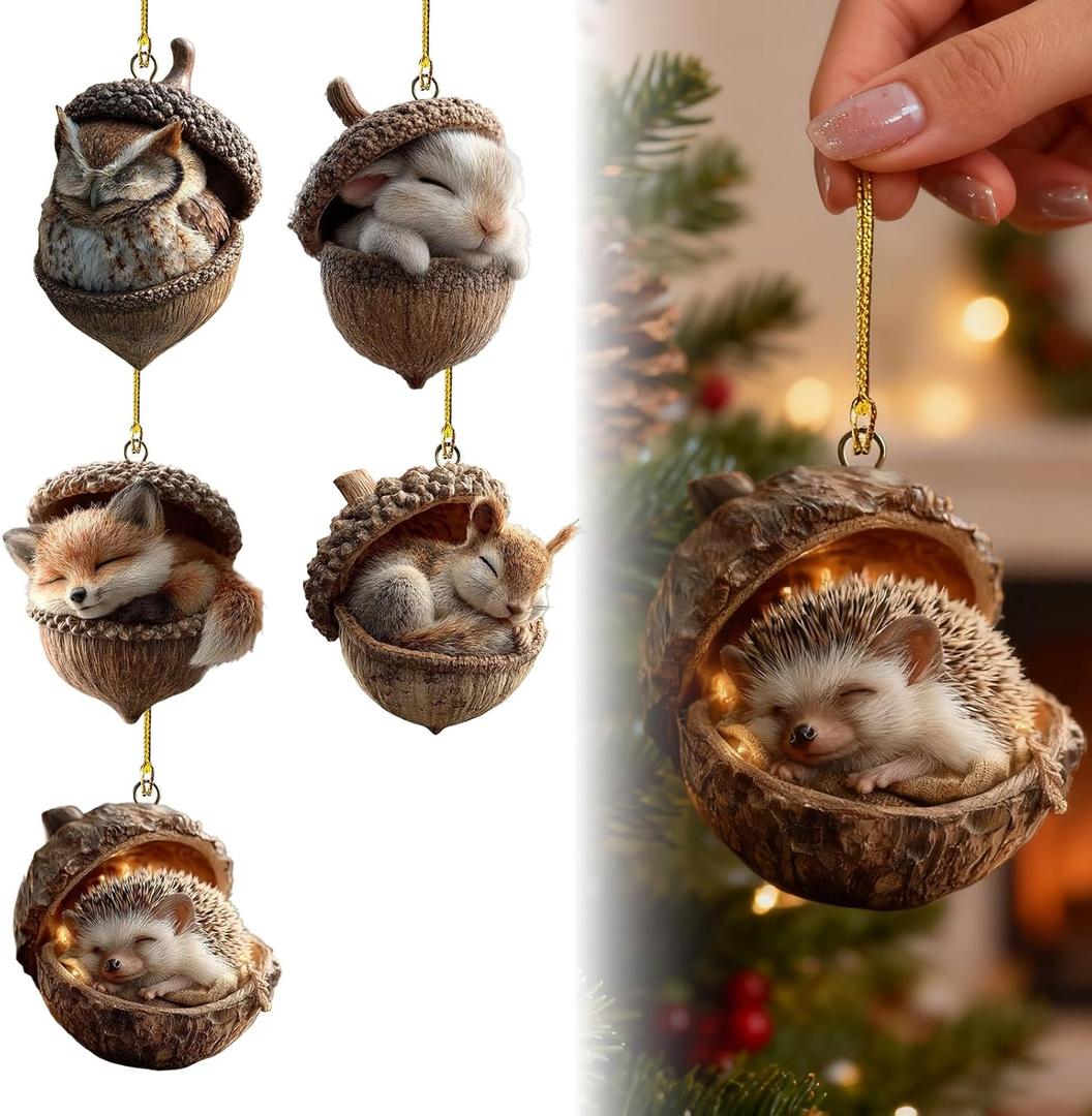 Forest Animal Acorn Ornaments,Woodland Christmas Ornaments,Animal Christmas Ornaments,Cozy Forest Christmas Ornament,Pine Cone Animal Decoration,Acrylic Hanging Ornament for Home Decor(5Pcs)