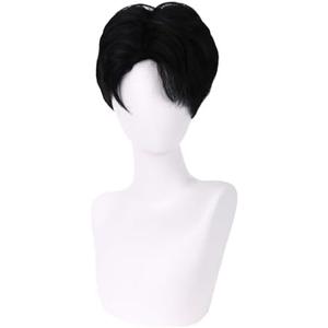 MAGQOO Black Wig for Boy Men Short Straight Black Wig Middle Part Cartoon Movie Halloween Cosplay Costume Animie Wig