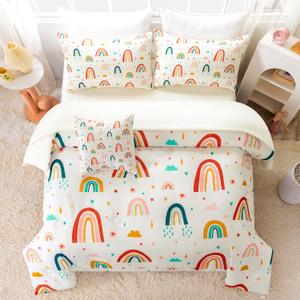 Rainbow Comforter Set Queen Size 6 Pieces Beige Girls Bedding Set with Sheets Colorful Floral Clouds Print Bed in A Bag for Kids Teen Girl (Beige Rainbow, Queen)