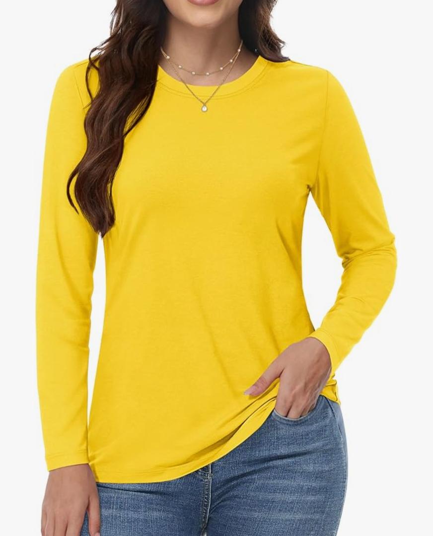 Women's Cotton Long Sleeve Shirts Crew Neck T-Shirts Soft Casual Breathable Tees Basic Tops Size Yellow M