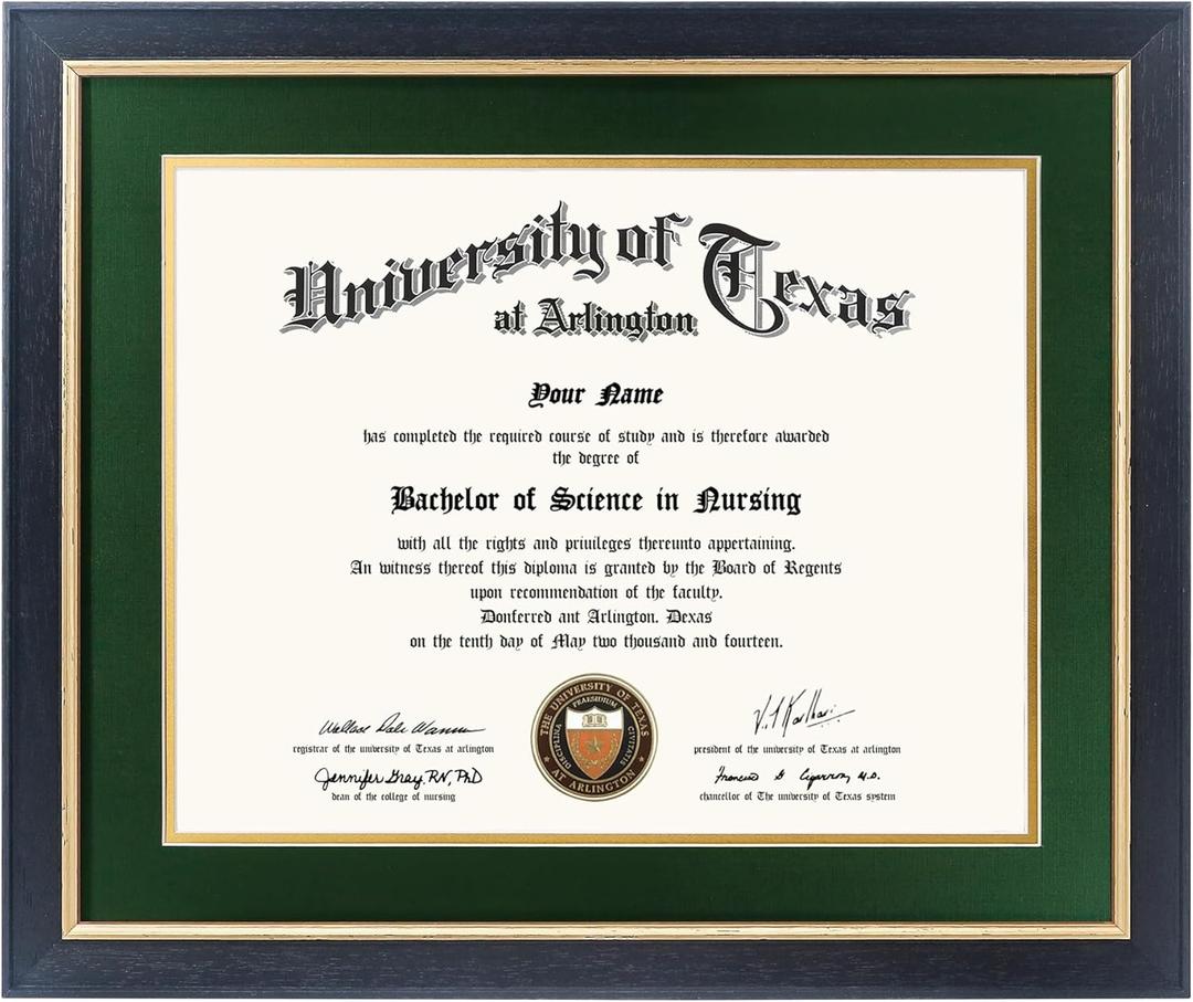 GMFrames 11x14 Wood Diploma Frame with Green Mat or Display 14x17 Certificates without Mat,UV Protection Acrylic,Rustic Black Finish with Gold Trim