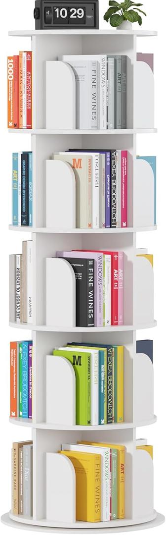 Rotating Bookshelf Tower 5 Tier,Spinning Bookcase, Revolving 360 Book Shelf Narrow Tall Bookcase, Vertical Turning Round storage Bookshelf ,Book Shelf Organizer for Bedroom, Living Room, White
