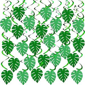 Ireer 64 Pcs Hawaiian Luau Party Palm Leaves Swirl Decorations Hanging Ceiling Glitter Leaves Green Tropical Safari Jungle Party Decor for Easter Palm Sunday Summer Beach Birthday Baby Shower