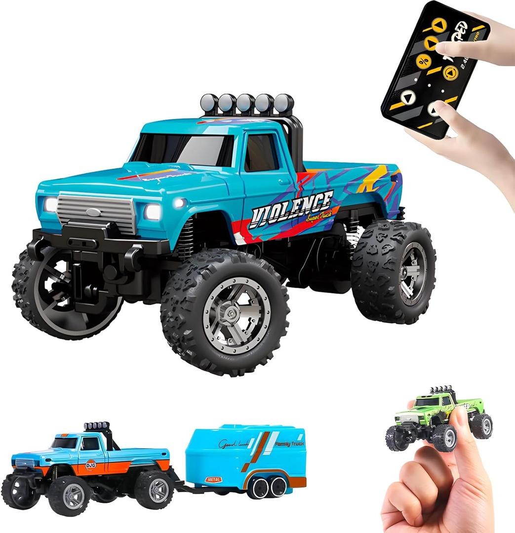 Mini Rc Truck, 1:64 Scale Monster Truck Remote Control Car with Lights, 2.4Ghz Remote Control, Speed/Steering Adjustable (Blue-B)