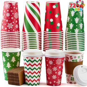 JOYIN 72 PCS Christmas Disposable Party Paper Cups, 16 oz Merry Christmas Coffee Cups With Sleeves and Lids, 6 Designs Xmas Tea Drinkware, Beverages Tableware Holiday Supplies Favors