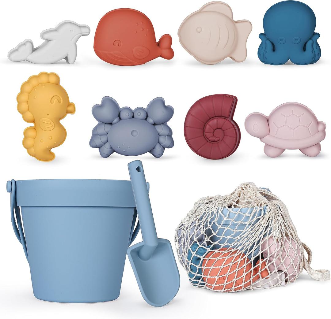 MarcZero 11Pcs Silicone Beach Toys,Modern Baby Beach Toys,Travel Friendly Beach Set,Silicone Bucket, Shovel, 8 Sand Molds, Beach Bag,Silicone Sand Toys for Toddlers, Kids (Blue)