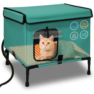 21" Large Size Heated Cat House for Outside & Indoor, Weatherproof Heated Shelter for Multiple Cats with Heating Pad Included16" D x 21" W x 17" H Green