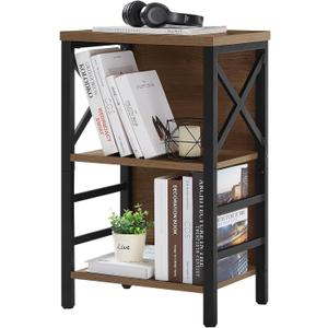 MNEETRUNG Small Bookshelf,3 Tier Industrial Bookcase with Metal Frame and Backboard,Low Rustic Brown Book Shelf,Book case for Small Spaces,Living Room,Bedroom and Home Office