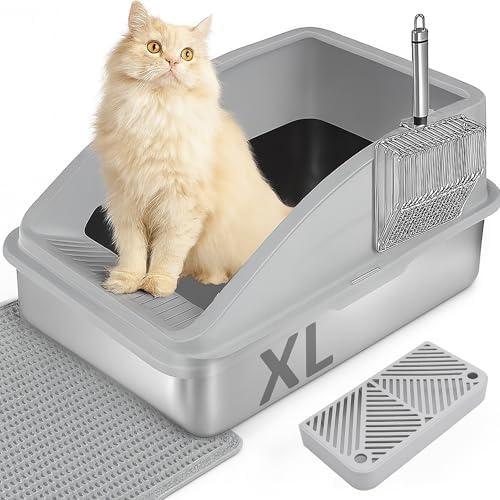 Large Stainless Steel Cat Litter Box, Enclosed Litter Box for Multiple Cats, Spacious and Easy to Maintain, Sturdy Metal Construction with Upper Cover, Litter Pad, Shovel and Footboard (Silver Gray)