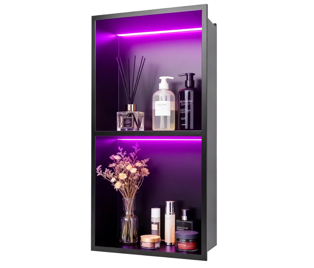 WICHEMI Stainless Steel Shower Niche 12" X 24", No Tile Needed Wall Niche with RGB Light, Recessed Shower Shelf for Bathroom Storage Over Mount Installation, Matte Black