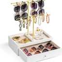 Emfogo Sunglass Organizer, 2-Tier Sunglasses Display Rack for 20 Pairs of Eyewear, Jewelry Holder Stand with Wood Drawer Storage for Glasses, Earrings, Bracelets, Rings & Watches (Gold+White)