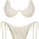 ZAFUL Women's Bikini Sets Ribbed Two Piece Swimsuits Underwire Adjustable Back Clasp Bathing Suit Side Tie Thong Swimwear (Beige) S