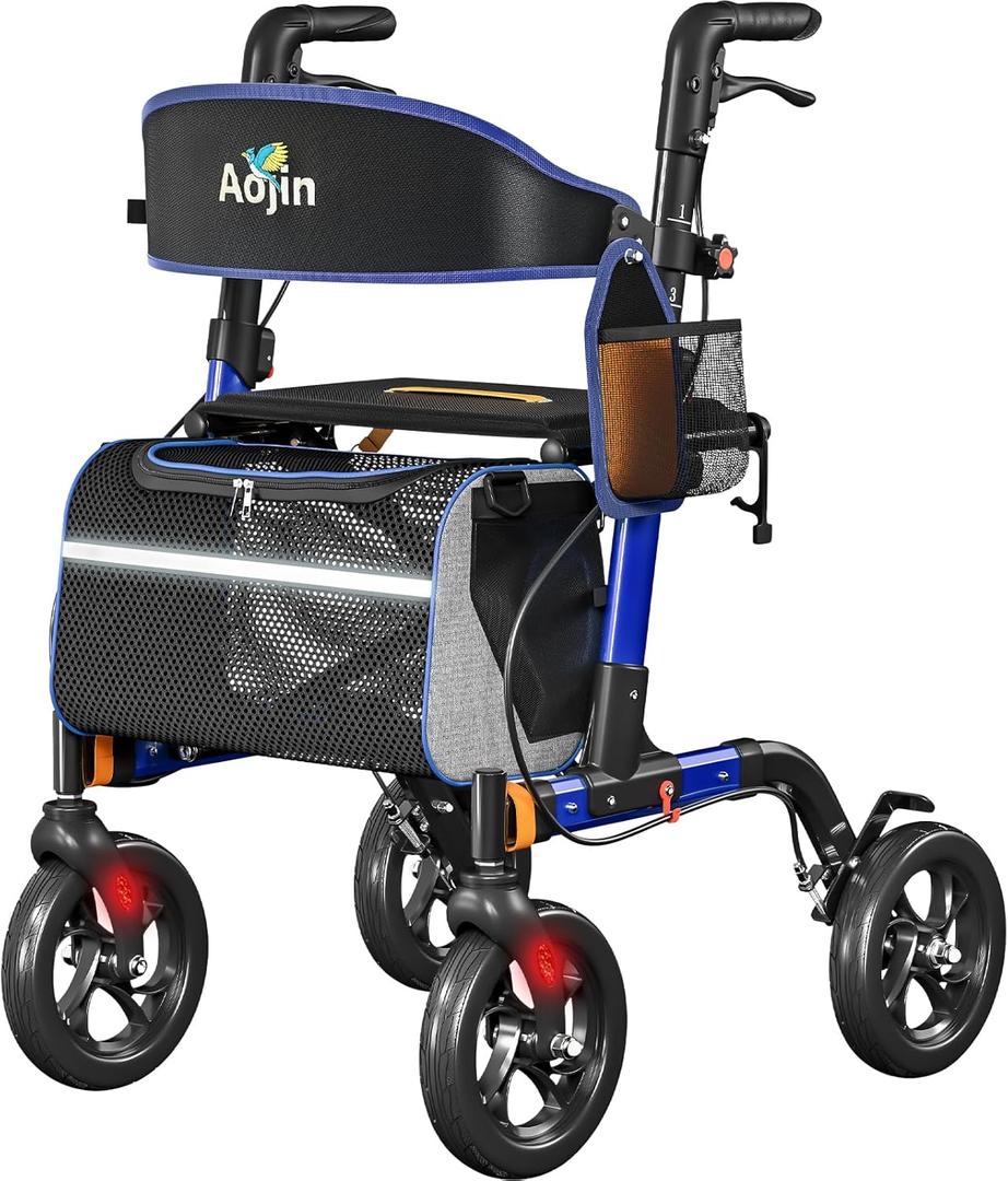 Walkers for Seniors, Rollator Walker with Seat, 350 lb Weight Capacity, 18" Big Seat, 8" All-Terrain Wheels, 6-Level Adjustable Height, Lightweight Aluminum Frame Rollator Walkers for Seniors (Blue)