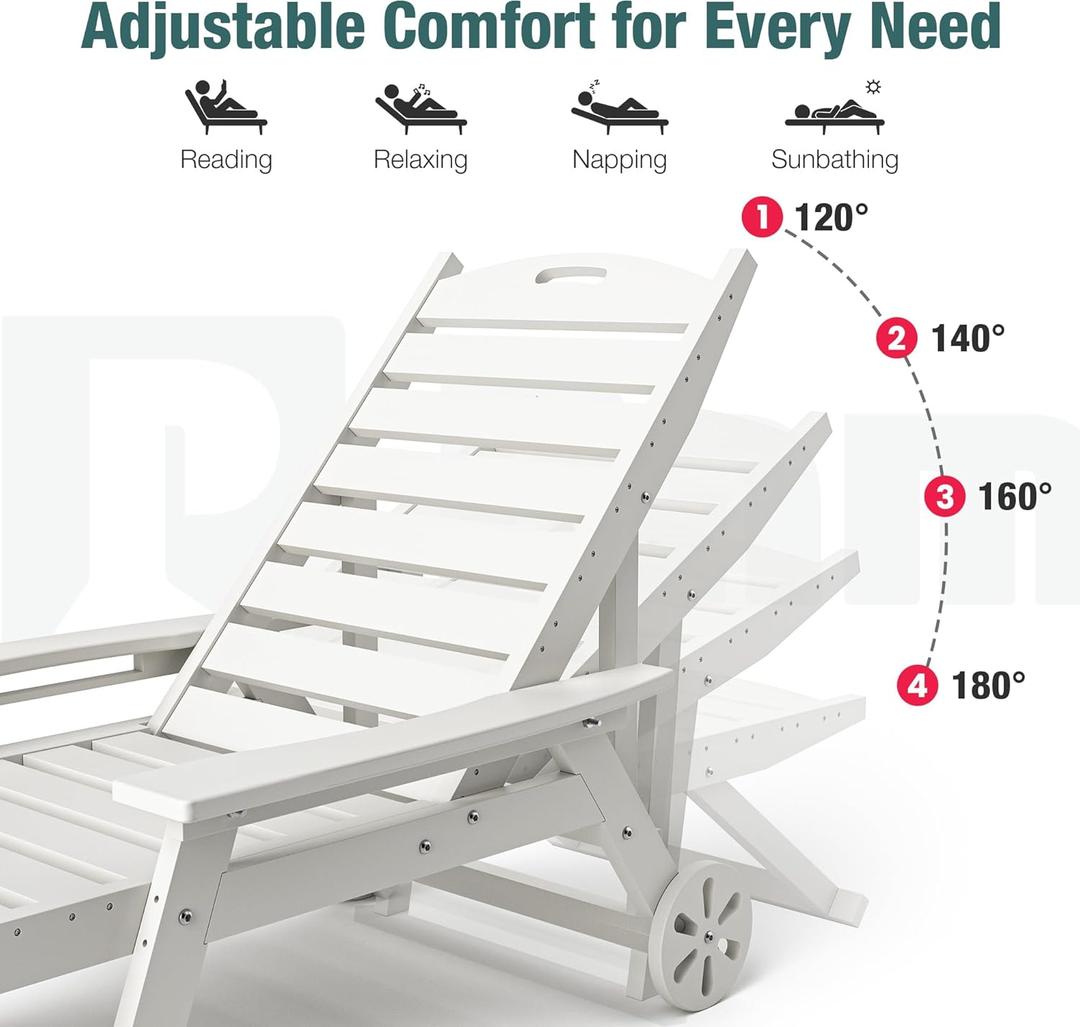 Pamapic 1 Piece 500 LBS Lounge Chair, Wide Armrest Oversized Chaise Lounge Chair with Wheel, All Weather 4 Positions Chaise Lounge with Cup Holder, Outdoor Lounge Chairs for Poolsdie, Patio, White